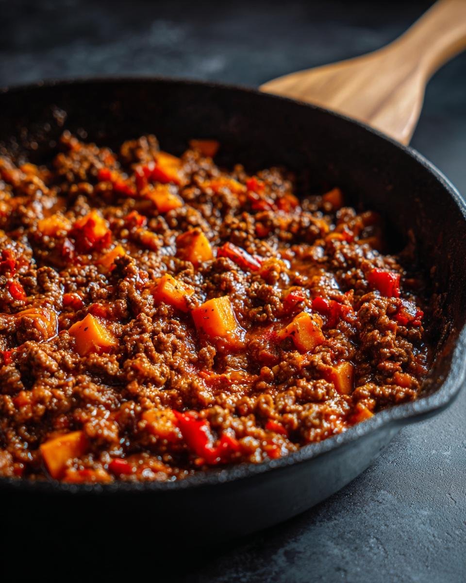 Nahaufnahme eines herzhaften Hackfleisch-S&uuml;&szlig;kartoffel-Pfannengerichts in einer Gusseisenpfanne.