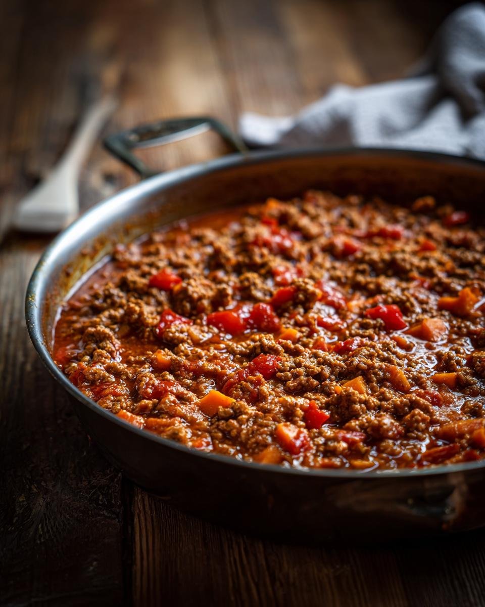 Nahaufnahme eines herzhaften Hackfleisch-S&uuml;&szlig;kartoffel-Pfannengerichts in einer Pfanne mit Tomaten und S&uuml;&szlig;kartoffelst&uuml;cken.