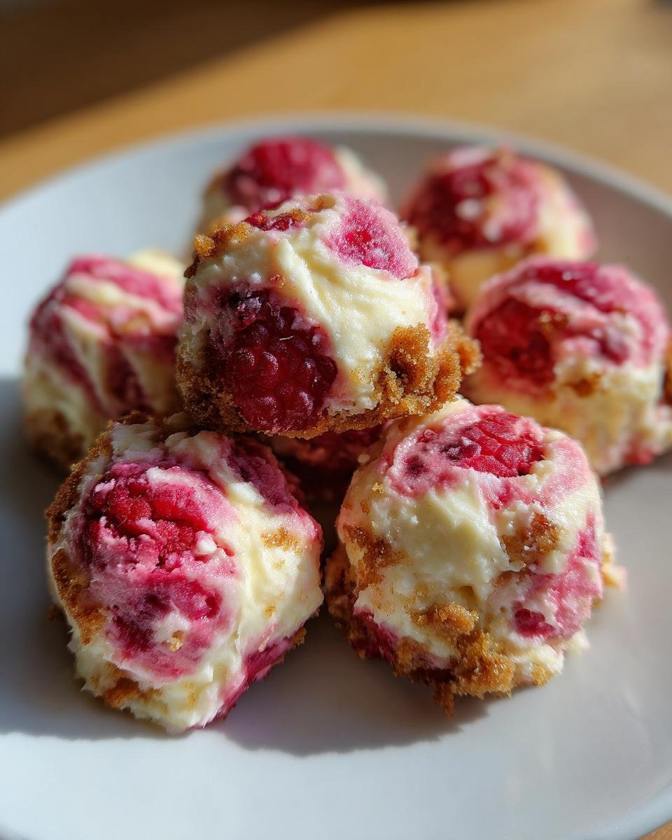 Nahaufnahme von unwiderstehlichen Himbeer Frischk&auml;se Bites auf einem Teller, perfekt f&uuml;r das Rezept.