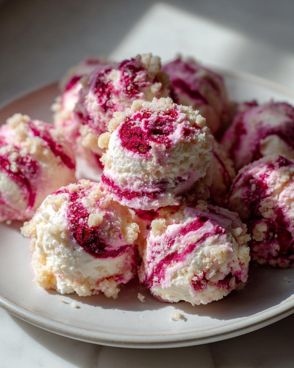 Ein Haufen unwiderstehlicher Himbeer Frischk&auml;se Bites, garniert mit Streuseln und Himbeersauce.