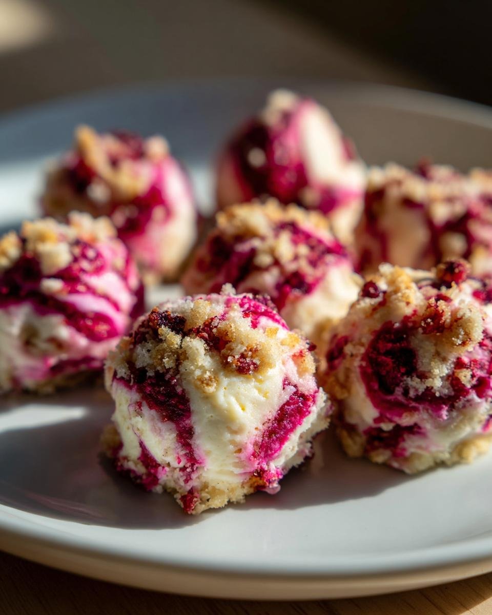 Nahaufnahme von Himbeer Frischk&auml;se Bites mit Streuseln auf einem Teller, ein unwiderstehliches einfaches Rezept.