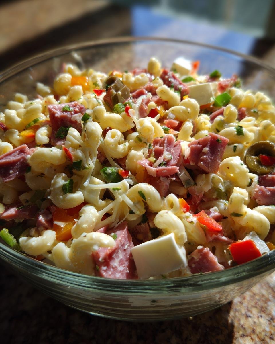 Nahaufnahme einer Schüssel mit Irresistible Antipasto Salad, gefüllt mit Nudeln, Salami, Käse und Gemüse.