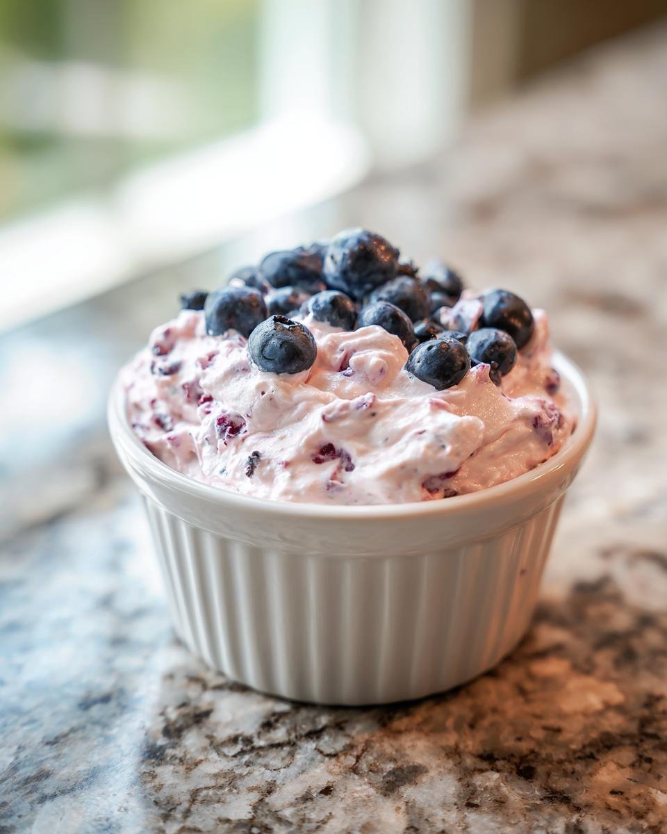 Eine Sch&uuml;ssel mit unwiderstehlichem Blaubeer-Frischk&auml;se-Aufstrich, garniert mit frischen Blaubeeren.