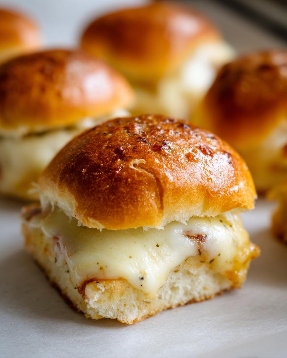 Nahaufnahme eines unwiderstehlichen K&auml;se-Sandwich-Sliders mit geschmolzenem K&auml;se.