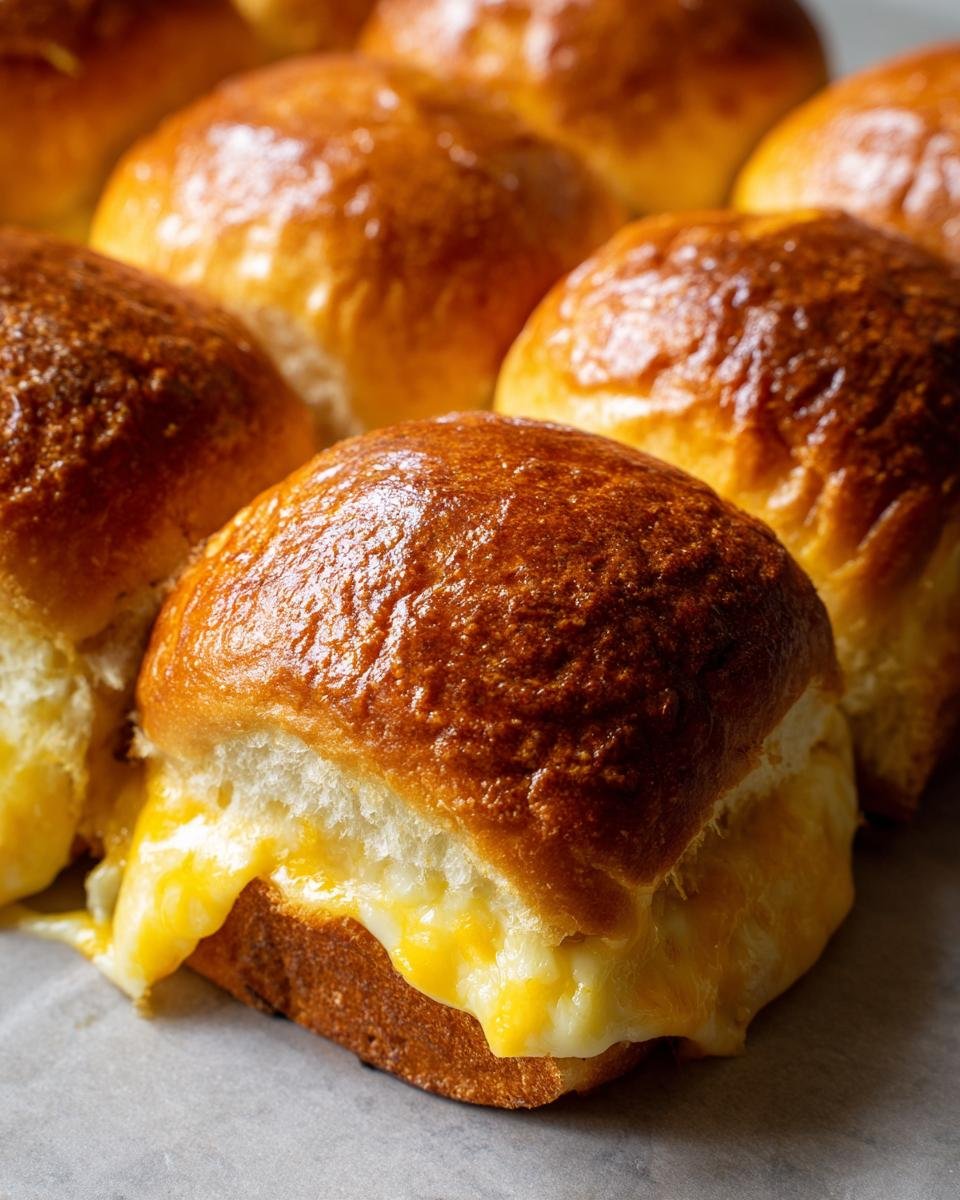 Nahaufnahme von k&ouml;stlichen, unwiderstehlichen K&auml;se-Sandwich-Schiebern, die mit geschmolzenem K&auml;se gef&uuml;llt sind.