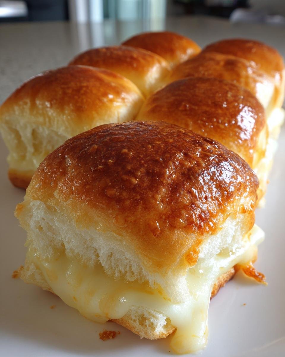 Nahaufnahme von 12 unwiderstehlichen k&auml;sigen gebackenen Sandwich-Schiebereglern, die mit geschmolzenem K&auml;se gef&uuml;llt sind.