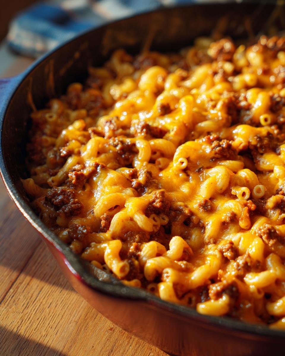 Nahaufnahme einer Gusseisenpfanne mit Irresistible Cheesy Taco Pasta, bedeckt mit geschmolzenem K&auml;se.