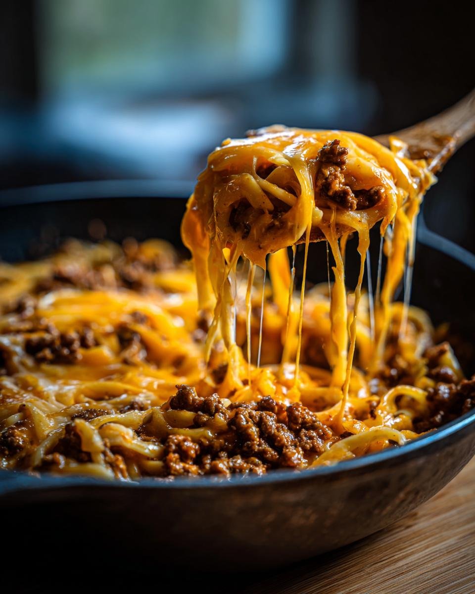 Nahaufnahme von Irresistible Cheesy Taco Pasta mit geschmolzenem K&auml;se und Hackfleisch.
