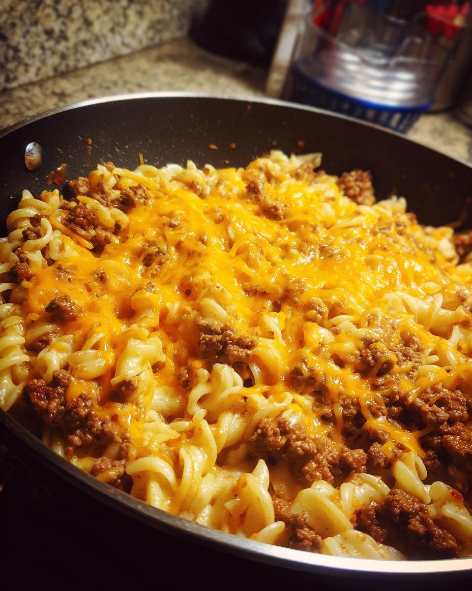 Close-up of Irresistible Cheesy Taco Pasta in a pan, with melted cheddar cheese over pasta and ground meat.
