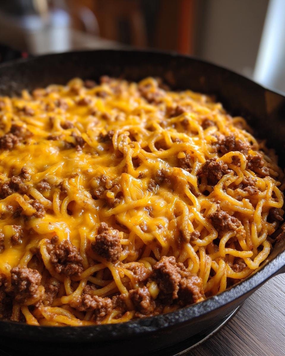 Eine Pfanne voll mit unwiderstehlicher k&auml;siger Taco-Pasta, mit Hackfleisch und geschmolzenem K&auml;se.