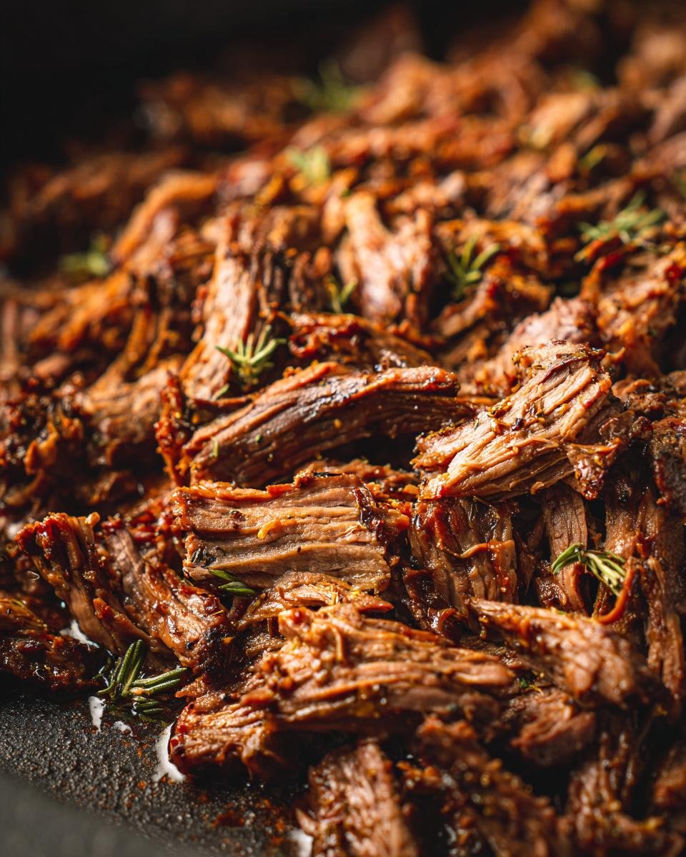 Nahaufnahme von zartem, geschmortem italienischem Rindfleisch aus dem Slow Cooker, garniert mit Rosmarin.