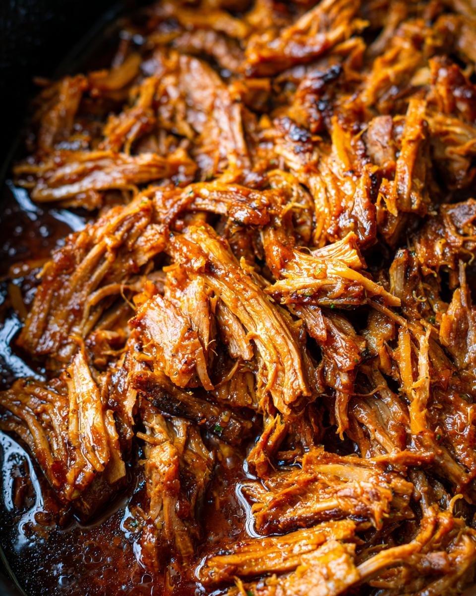 Nahaufnahme von zartem, zerfallenem italienischem Rindfleisch aus dem Slow Cooker, glasiert in einer k&ouml;stlichen Sauce.