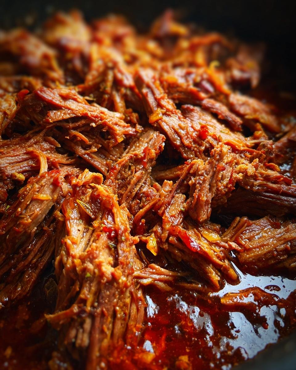 Nahaufnahme von zartem, geschmortem italienischem Rindfleisch aus dem Slow Cooker, das in einer reichen Sauce liegt.