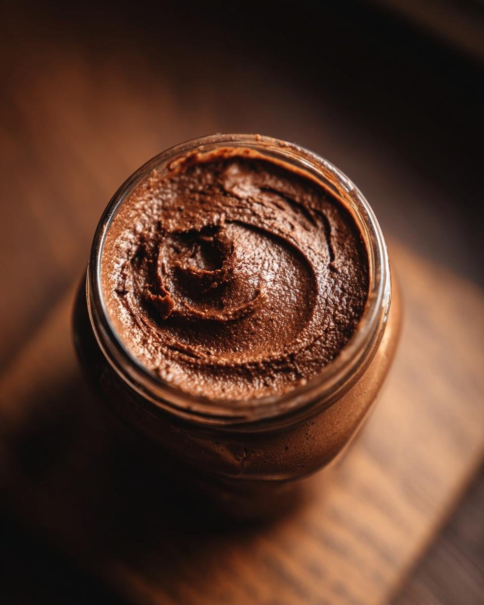 Nahaufnahme eines Glases mit unwiderstehlicher hausgemachter Nutella, cremiger Schokoladen-Nuss-Aufstrich.