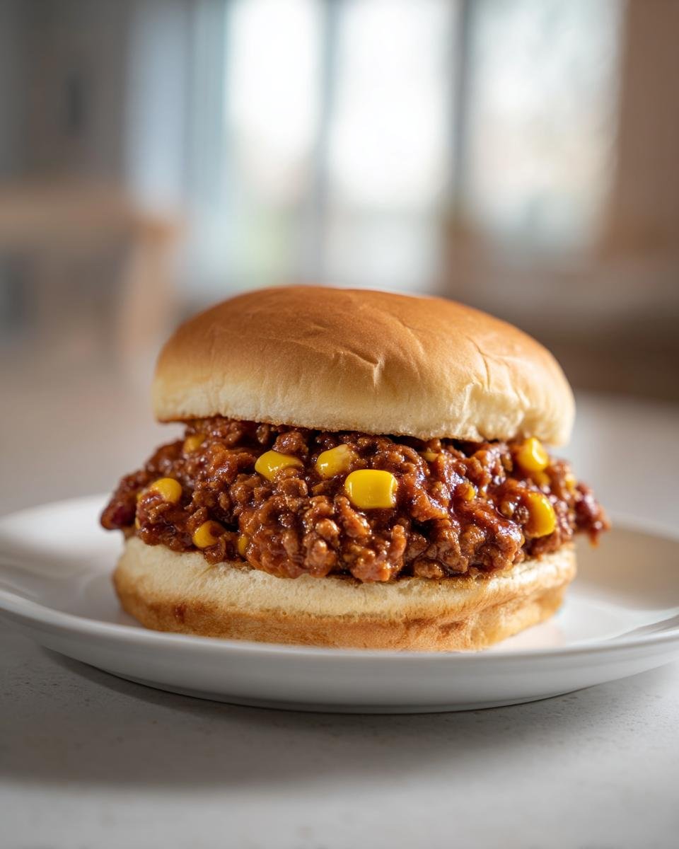 Ein fertiges Slow Cooker Cowboy Sandwich mit Hackfleischf&uuml;llung und Mais auf einem Teller.