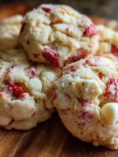 Ein Stapel von unwiderstehlichen weichen Erdbeer-Shortcake-Keksen mit wei&szlig;en Schokoladenst&uuml;ckchen.