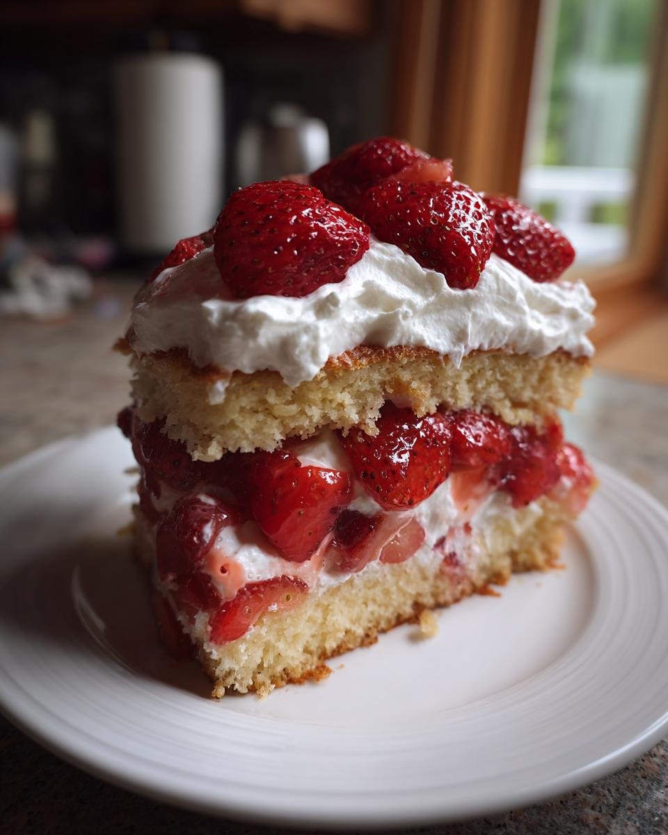 Ein St&uuml;ck unwiderstehliches Erdbeer-Sahne-T&ouml;rtchen mit frischen Erdbeeren und Schlagsahne auf einem Teller.