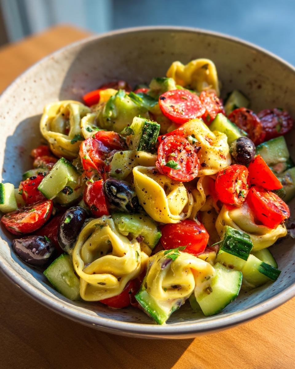 Nahaufnahme einer Sch&uuml;ssel mit unwiderstehlichem Tortellini-Nudelsalat, garniert mit Kirschtomaten, Gurkenst&uuml;cken und schwarzen Oliven.