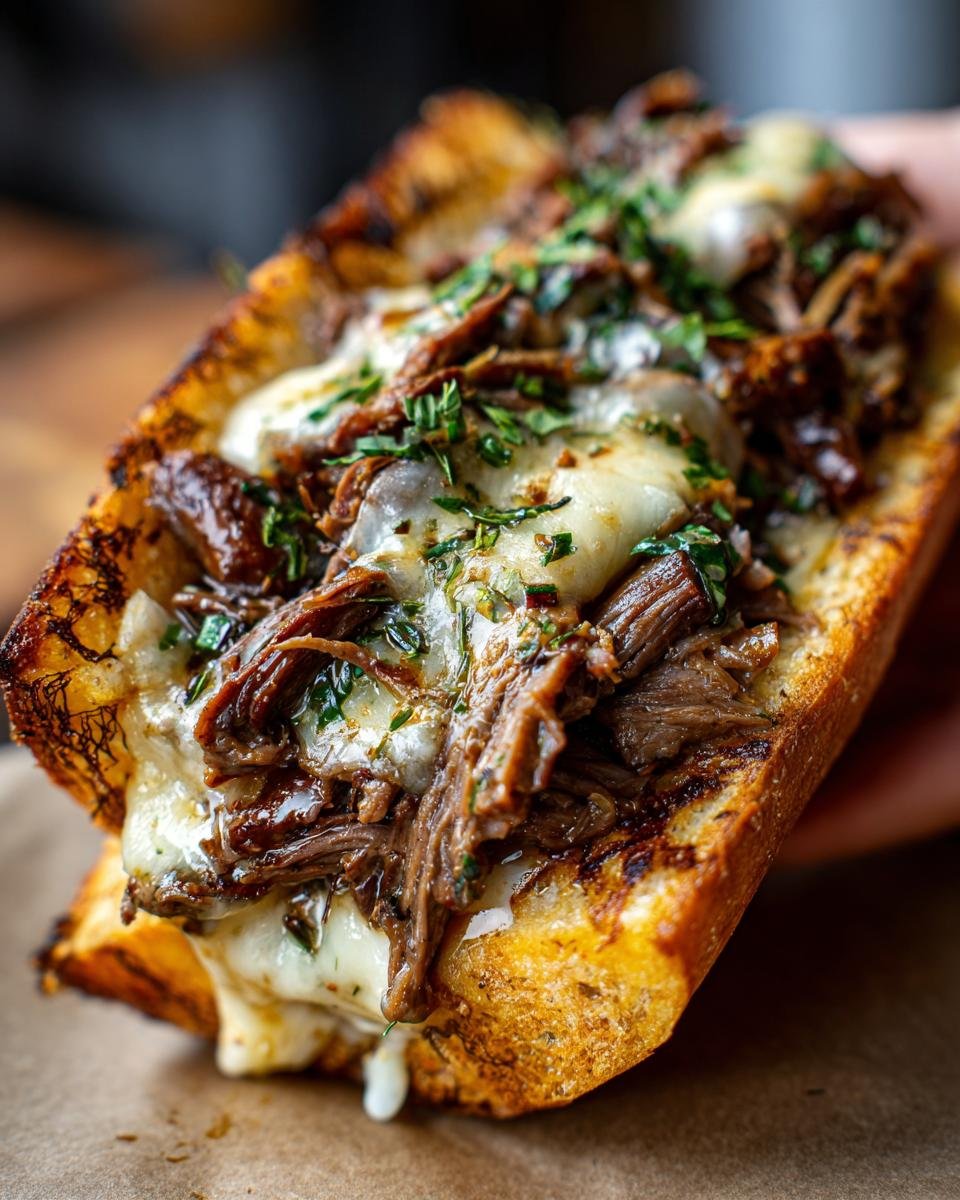 Nahaufnahme eines italienischen Rindfleisch-Sandwiches mit geschmolzenem Käse und Kräutern auf geröstetem Brot.