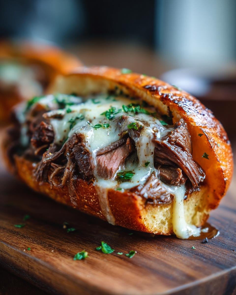 Nahaufnahme eines italienischen Rindfleisch-Sandwiches mit geschmolzenem Käse und Kräutern auf einem Holzbrett.