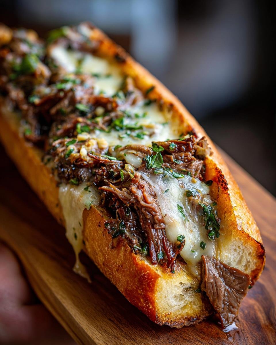 Nahaufnahme eines italienischen Rindfleisch-Sandwiches mit geschmolzenem Käse und Kräutern auf einem Holzbrett.