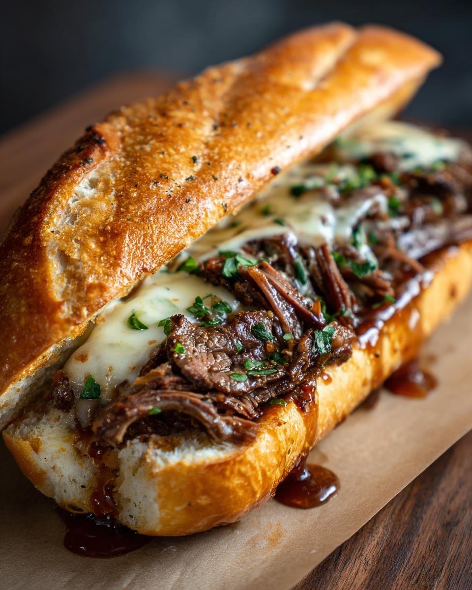 Nahaufnahme eines saftigen italienischen Rindfleisch-Sandwiches mit geschmolzenem Käse und Petersilie.