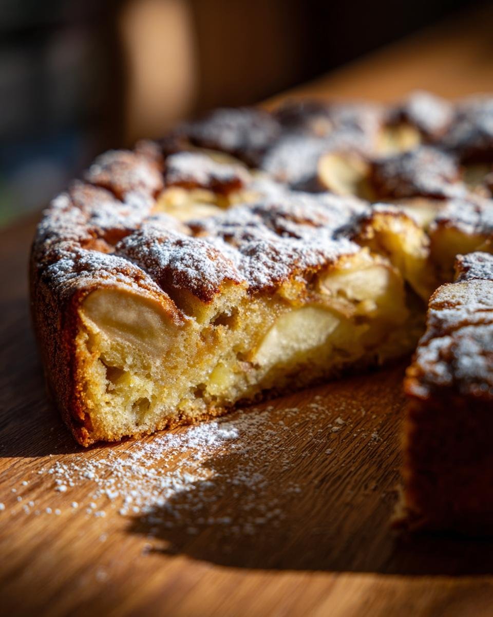 Schnittansicht eines italienischen Apfelkuchens, best&auml;ubt mit Puderzucker, auf einem Holzbrett.
