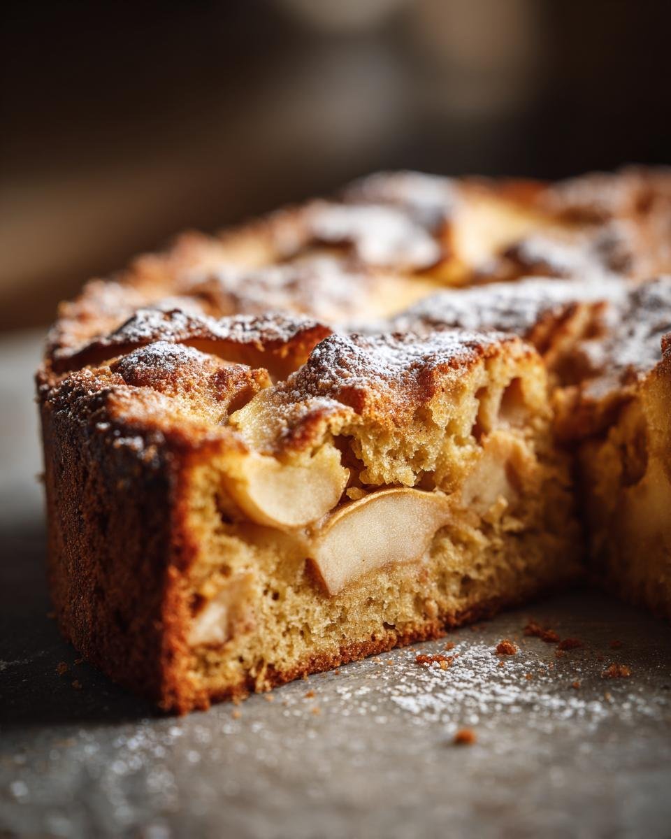 Nahaufnahme eines St&uuml;cks italienischen Apfelkuchens, best&auml;ubt mit Puderzucker, mit sichtbaren Apfelscheiben im Teig.