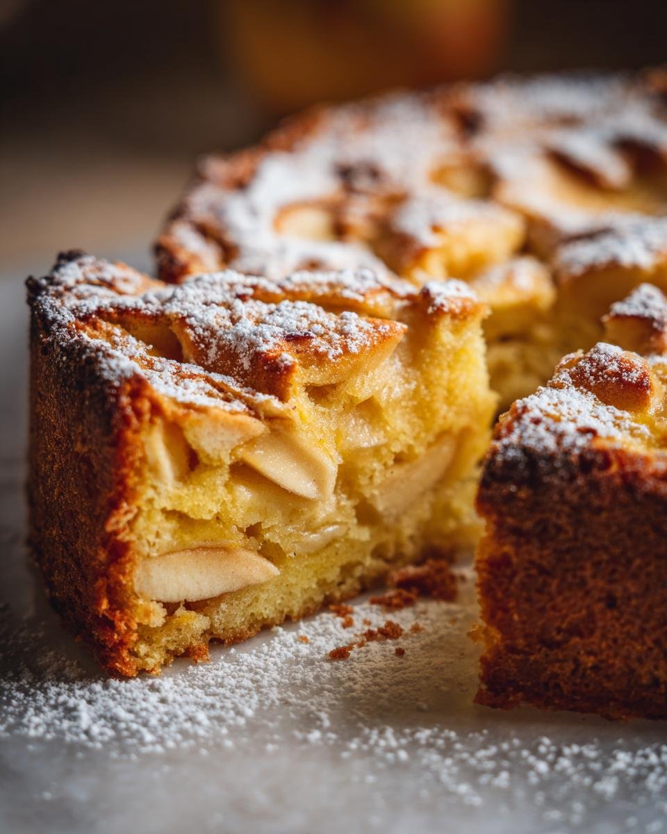 Nahaufnahme eines St&uuml;cks italienischen Apfelkuchens, best&auml;ubt mit Puderzucker und gef&uuml;llt mit Apfelst&uuml;cken.