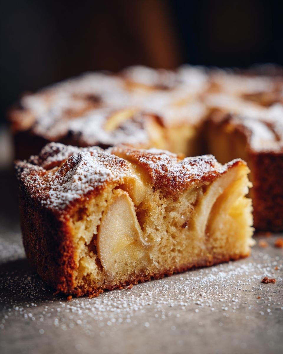 Ein St&uuml;ck italienischer Apfelkuchen mit saftigen Apfelst&uuml;cken, best&auml;ubt mit Puderzucker.
