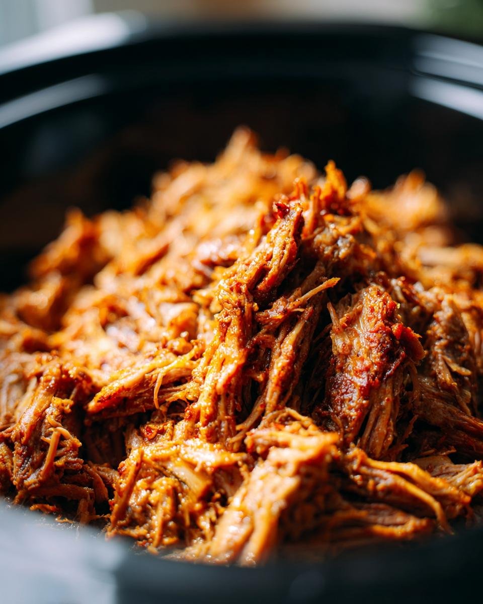 Nahaufnahme von zartem, zerrupftem italienischem Rindfleisch, zubereitet im Slow Cooker, perfekt f&uuml;r gem&uuml;tliche Abende.