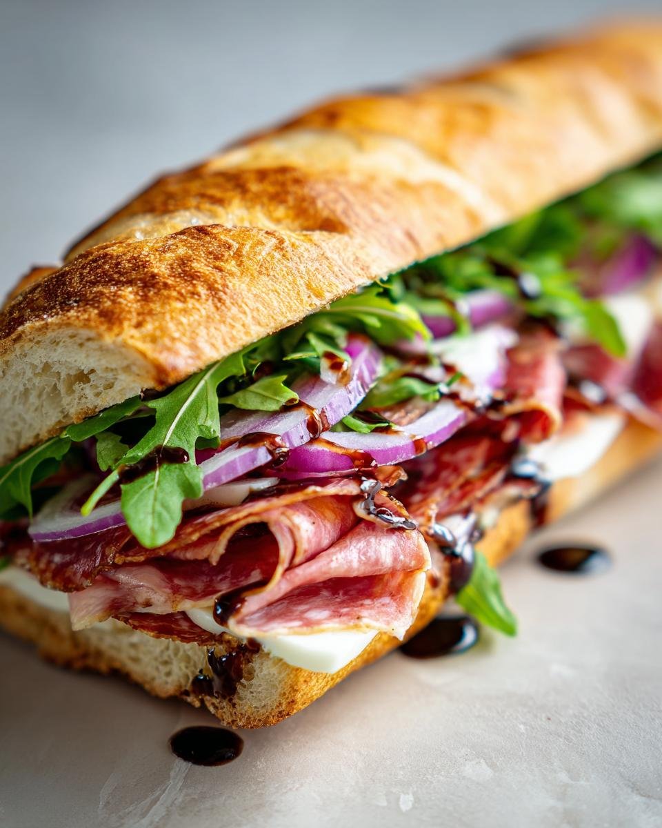 Nahaufnahme eines unglaublichen italienischen Sandwiches mit Salami, Mozzarella, Rucola und roten Zwiebeln.