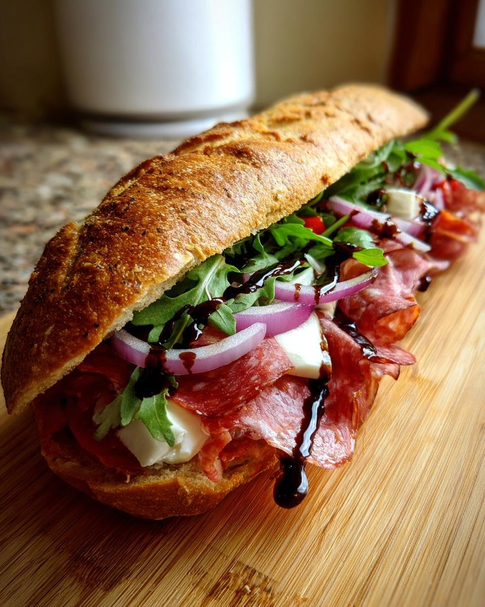 Ein appetitliches italienisches Sandwich mit Salami, Mozzarella, Rucola und roten Zwiebeln, betr&auml;ufelt mit Balsamico.