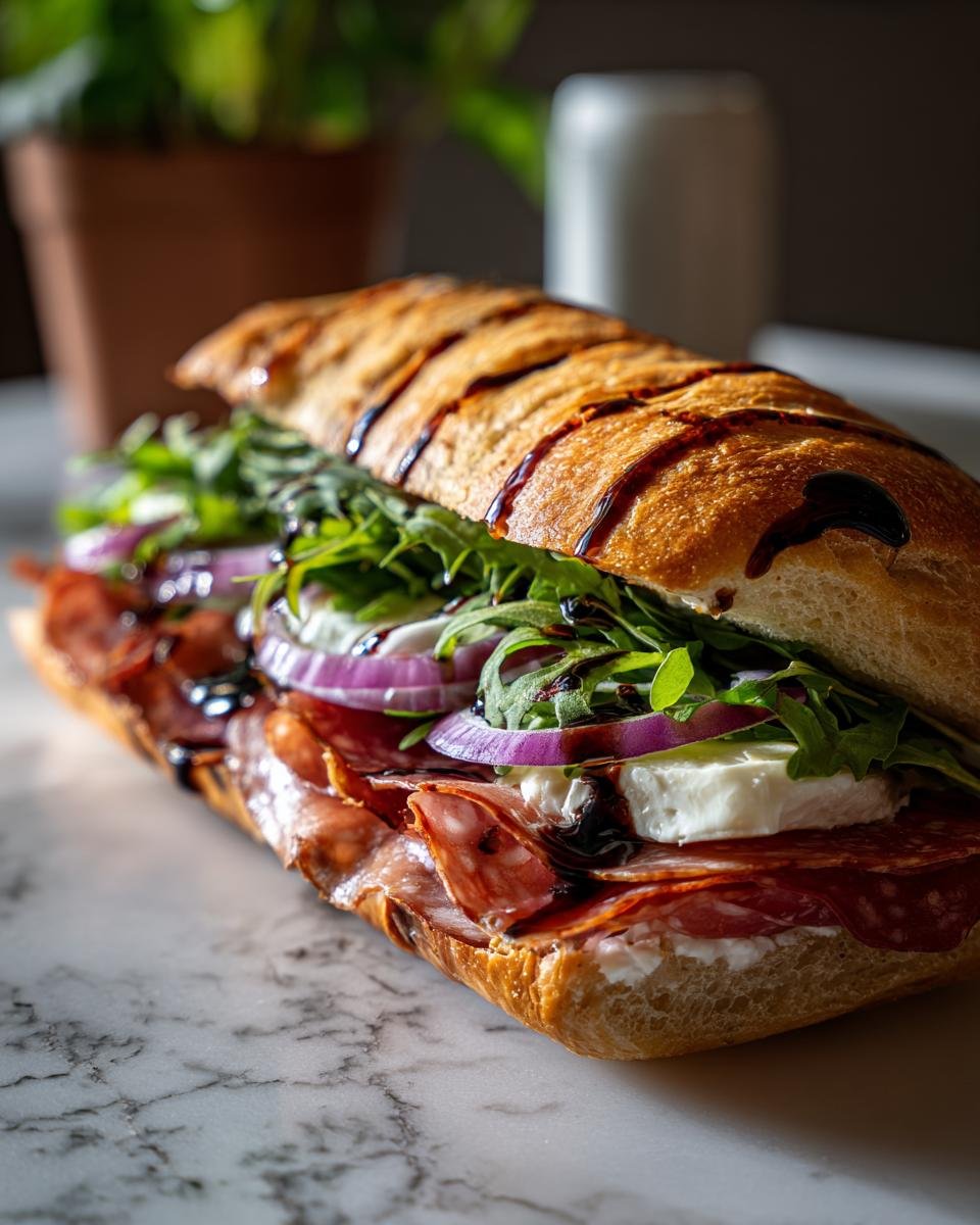 Nahaufnahme eines saftigen italienischen Sandwiches mit Salami, Mozzarella, Rucola und roten Zwiebeln.