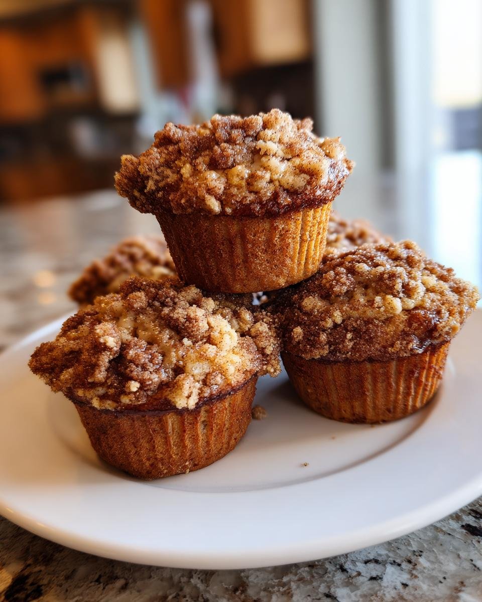 Gestapelte Kaffeekuchen Bananenbrot Muffins mit knusprigen Streuseln auf einem wei&szlig;en Teller.