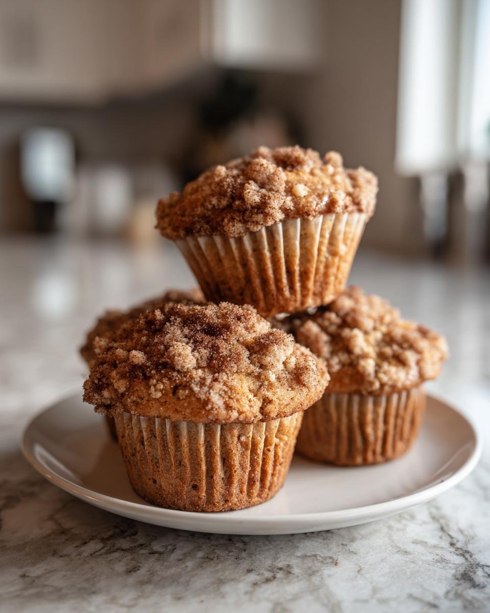 Gestapelte Kaffeekuchen Bananenbrot Muffins mit knusprigen Streuseln auf einem Teller.