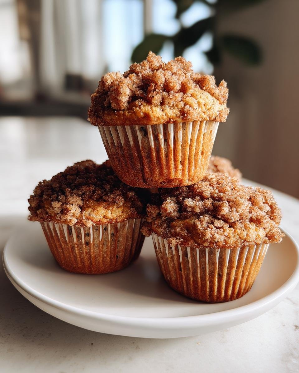 Drei gestapelte Kaffee-Kuchen-Bananenbrot-Muffins mit knusprigen Streuseln auf einem wei&szlig;en Teller.