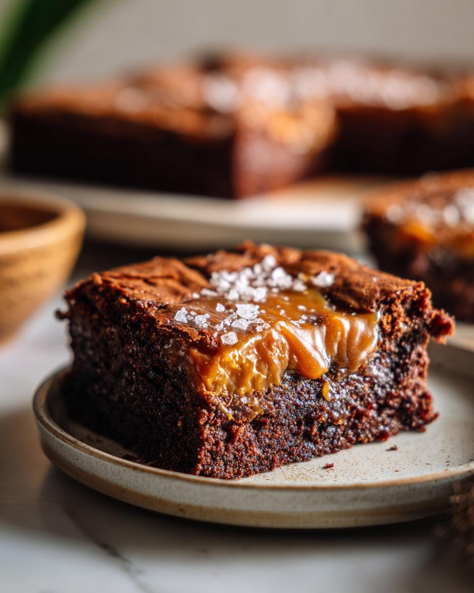 Ein saftiges St&uuml;ck Karamell Brownie mit Meersalz bestreut, serviert auf einem Teller.