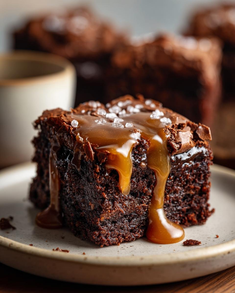 Ein St&uuml;ck saftiger Karamell Brownie mit fl&uuml;ssigem Karamell-Topping und grobem Meersalz bestreut.