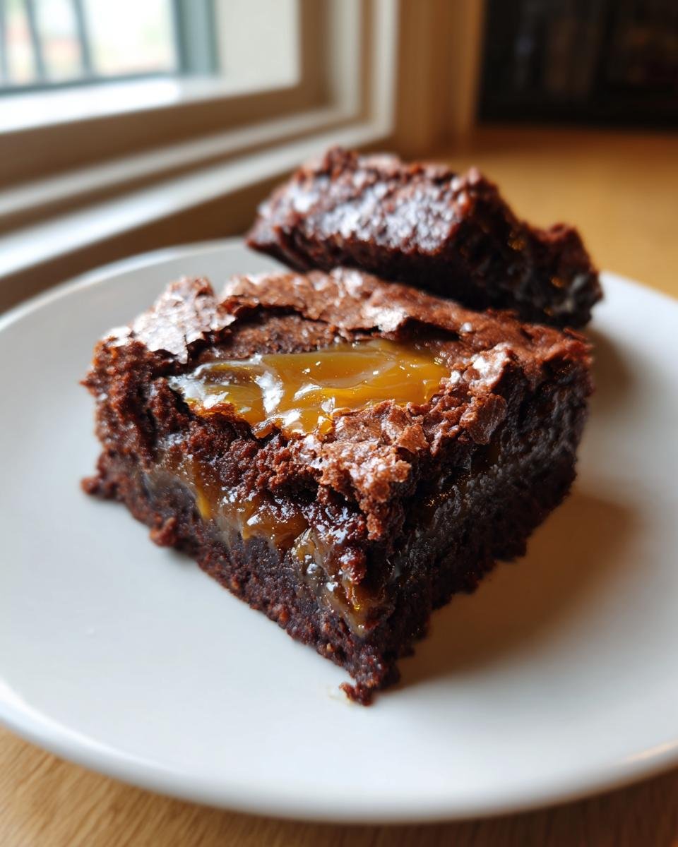 Nahaufnahme von saftigen Karamell Brownies auf einem wei&szlig;en Teller, mit fl&uuml;ssigem Karamell im Inneren.