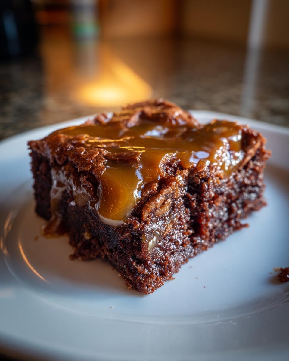 Ein St&uuml;ck saftiger Schokoladenbrownie mit fl&uuml;ssiger Karamellso&szlig;e &uuml;bergossen, ein unwiderstehlicher Genuss.