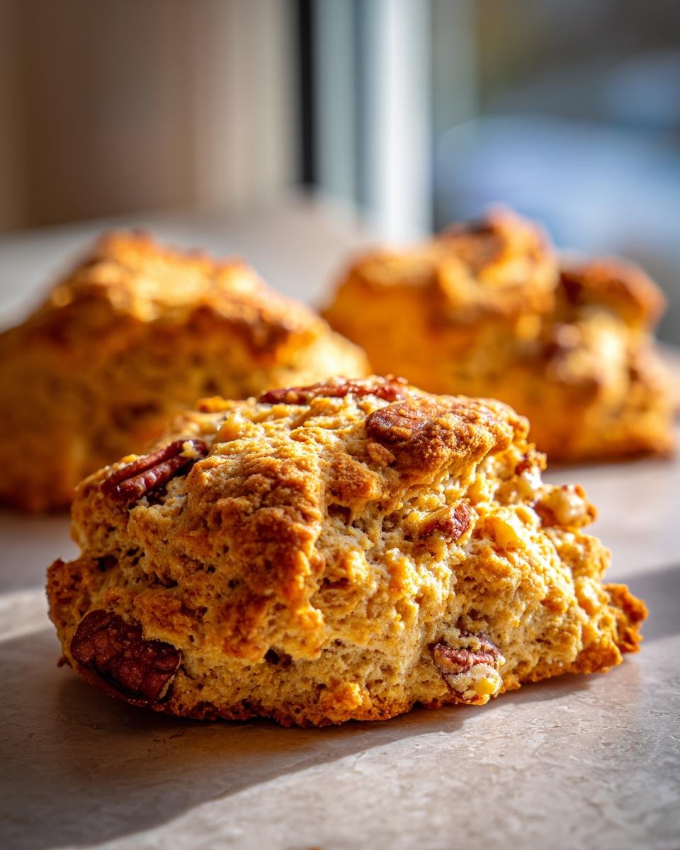 Nahaufnahme von Keto Ahorn-Pekannuss-Scones mit sichtbaren Pekannussh&auml;lften und goldbrauner Kruste.
