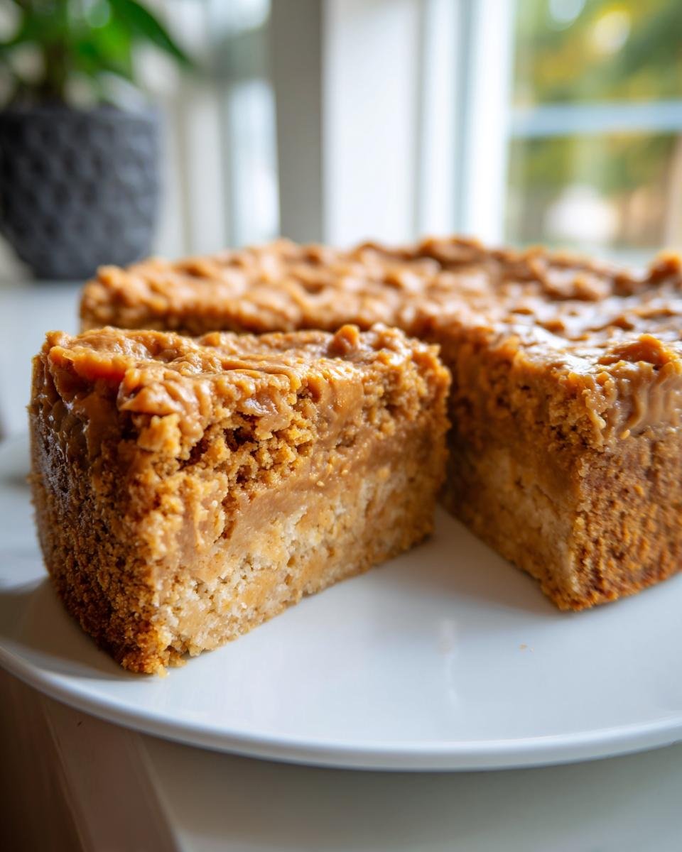 Ein St&uuml;ck Keto Erdnussbutter Cookie Cake auf einem wei&szlig;en Teller, mit einer cremigen Erdnussbutter-Glasur.