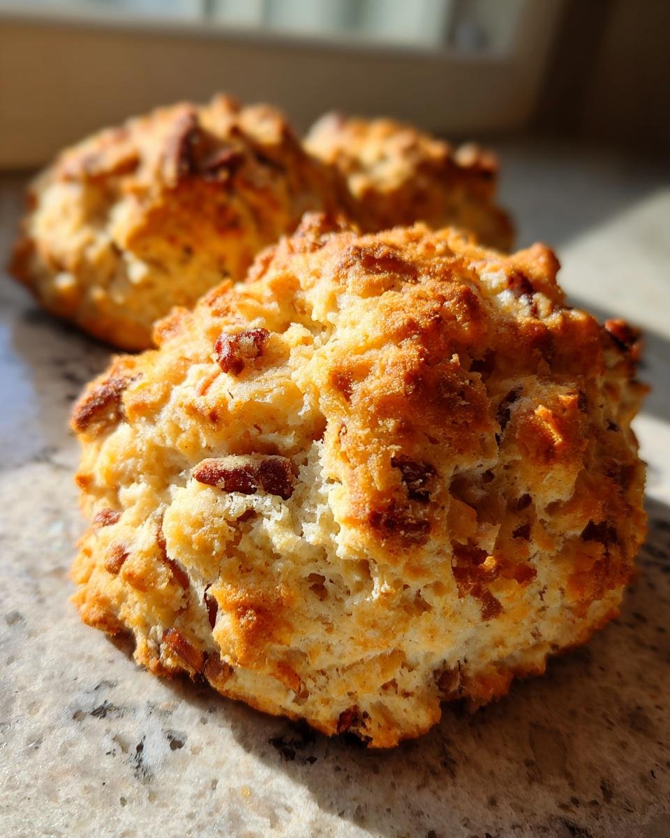 Nahaufnahme von Keto Maple Pecan Scones mit gebr&auml;unter Kruste und sichtbaren Pekannussst&uuml;ckchen.