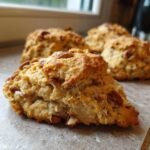 Nahaufnahme von Keto Maple Pecan Scones mit sichtbaren Pekannussh&auml;lften und goldbrauner Kruste.