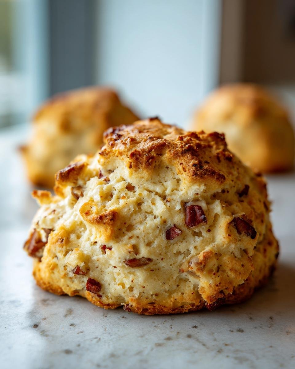 Nahaufnahme von Keto Maple Pecan Scones, mit sichtbaren Pekannussst&uuml;cken im Teig.