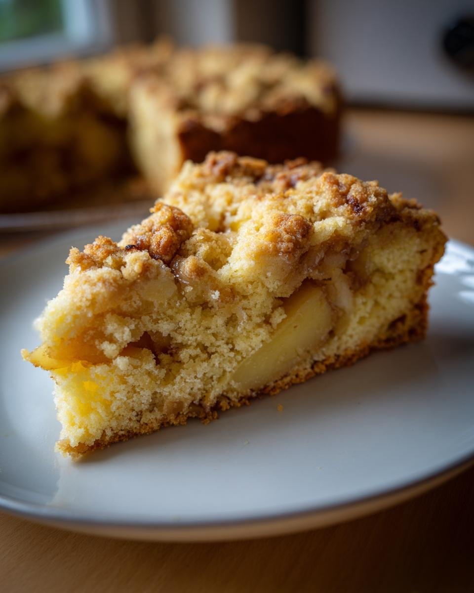 Ein St&uuml;ck Keto Pfirsich Kaffee Kuchen auf einem Teller, mit Streuseln und Pfirsichst&uuml;cken.