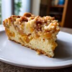 Ein St&uuml;ck Keto Pfirsich Kaffee Kuchen auf einem wei&szlig;en Teller mit Streuseln und Pfirsichst&uuml;cken.