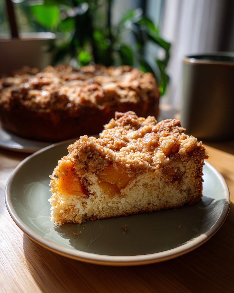 Ein St&uuml;ck Keto Pfirsich Kaffee Kuchen auf einem Teller, mit Pfirsichst&uuml;cken und Streuseln.
