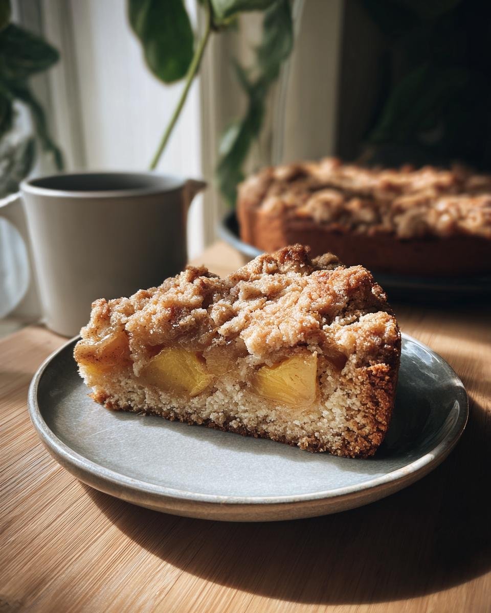 Ein St&uuml;ck Keto Pfirsich Kaffee Kuchen auf einem Teller mit Pfirsichst&uuml;cken und Streuseln.